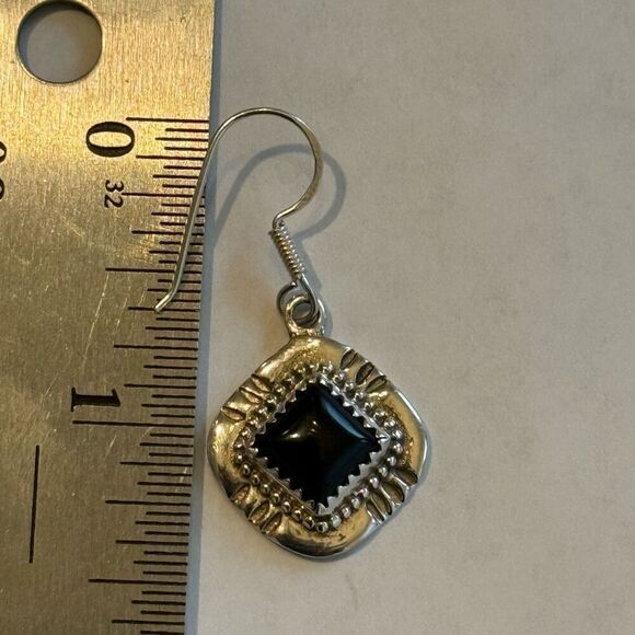Southwestern Square Framed Genuine Black Onyx Sterling Silver Dangle Earrings - Picture 4 of 4